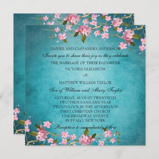 ティール（緑がかった色）ブルーピンク日本のさくらんぼの結婚花 招待状 (正面/裏面)