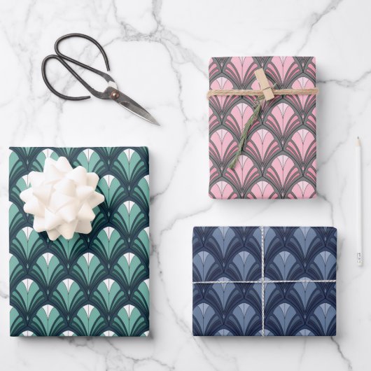 ティール（緑がかった色）ブルーピンク灰色アールデコ模様 ラッピングペーパーシート (正面)