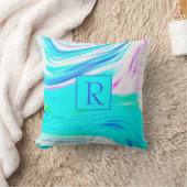 ティール（緑がかった色）ブルーピンク白抽象芸術波モノグラムカワイイ クッション (ブランケット)