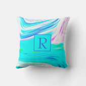 ティール（緑がかった色）ブルーピンク白抽象芸術波モノグラムカワイイ クッション (裏面)