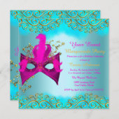 ティール（緑がかった色）ブルーピンク金ゴールドマスクマスカレードバースデーパーティー 招待状 (正面/裏面)