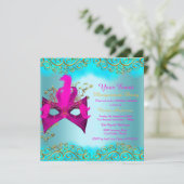 ティール（緑がかった色）ブルーピンク金ゴールドマスクマスカレードバースデーパーティー 招待状 (スタンド正面)