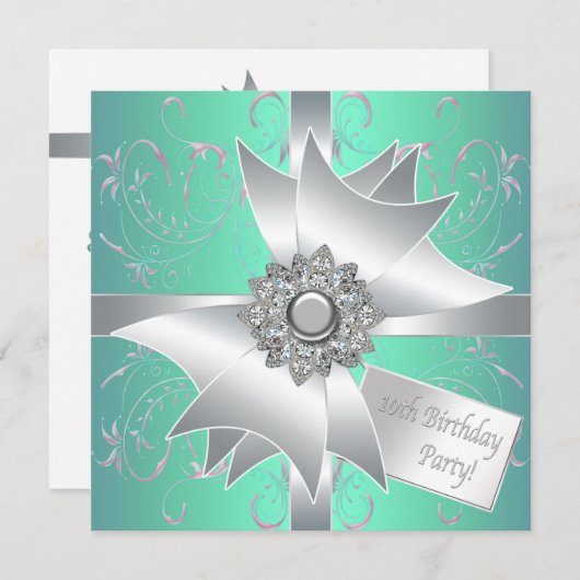 ティール(緑がかった色)ブルーピンク10thバースデーパーティーへの招待 招待状 (正面/裏面)