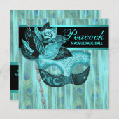 ティール(緑がかった色)ブルーピーコックマスカレードパーティー 招待状 (正面/裏面)