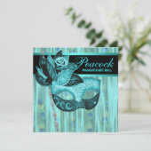 ティール(緑がかった色)ブルーピーコックマスカレードパーティー 招待状 (スタンド正面)