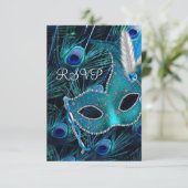 ティール（緑がかった色）ブルーピーコックマスカレードパーティーRSVP 出欠カード (スタンド正面)