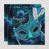 ティール(緑がかった色)ブルーピーコックマスクマスカレードパーティー 招待状 (正面/裏面)