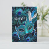 ティール（緑がかった色）ブルーピーコックマスクマスカレードパーティーRSVP 出欠カード (スタンド正面)
