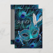 ティール（緑がかった色）ブルーピーコックマスクマスカレードパーティーRSVP 出欠カード (正面/裏面)