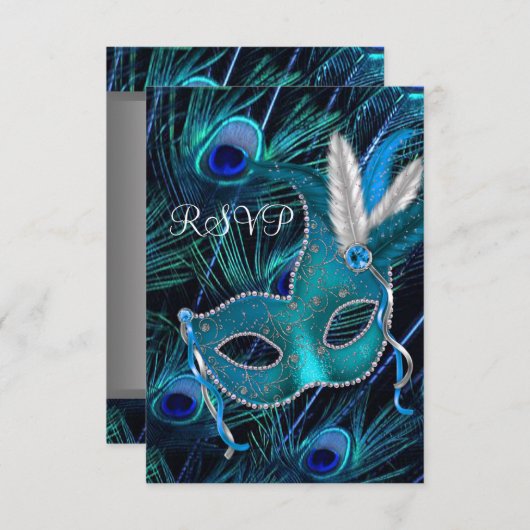 ティール（緑がかった色）ブルーピーコックマスクマスカレードパーティーRSVP 出欠カード (正面/裏面)
