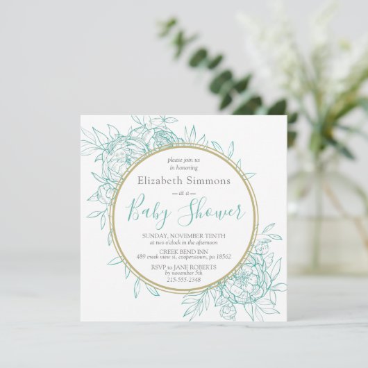 ティール(緑がかった色)ブルーピーニーモダンフローラトイレベビースシャワー 招待状 (スタンド正面)