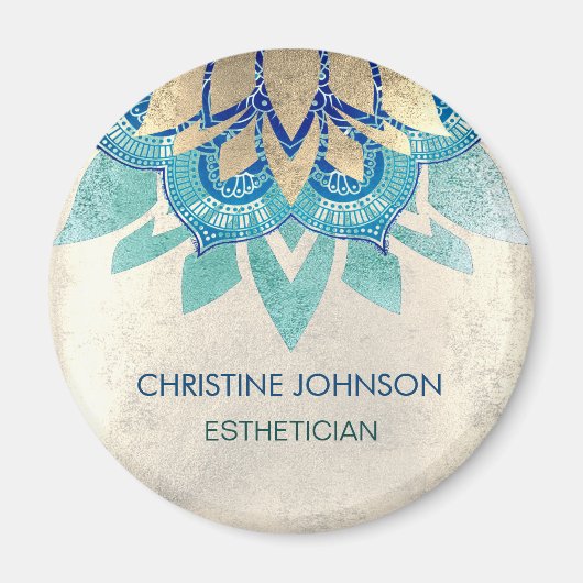 ティール（緑がかった色）ブルーフェイク金ゴールドフォイルlotusロゴ マグネット (正面)