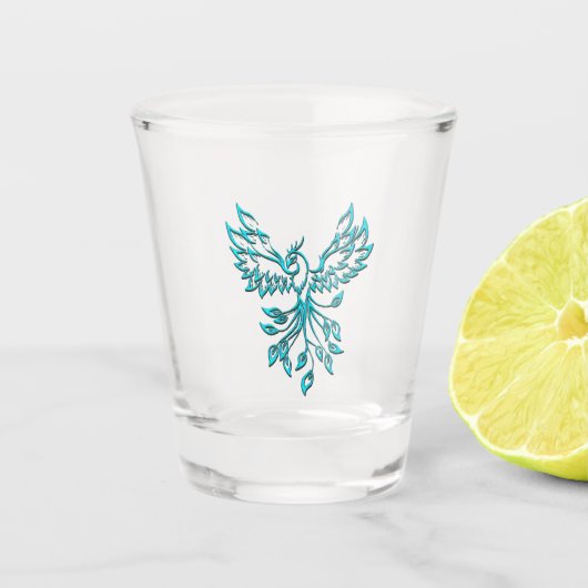 ティール（緑がかった色）ブルーフェニックスアップオンシルバー ショットグラス (正面)