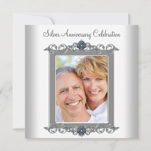 ティール(緑がかった色)ブルーフォトシルバー25周年記念パーティー 招待状 (正面)