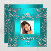 ティール(緑がかった色)ブルーフォトスイート16 16誕生日 招待状 (正面/裏面)