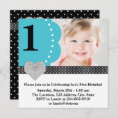 ティール（緑がかった色）ブルーフォトバースデーパーティー 招待状 (正面/裏面)