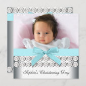 ティール（緑がかった色）ブルーフォトベビーガール《キリスト教》洗礼式や命名式 招待状 (正面/裏面)