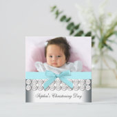 ティール（緑がかった色）ブルーフォトベビーガール《キリスト教》洗礼式や命名式 招待状 (スタンド正面)