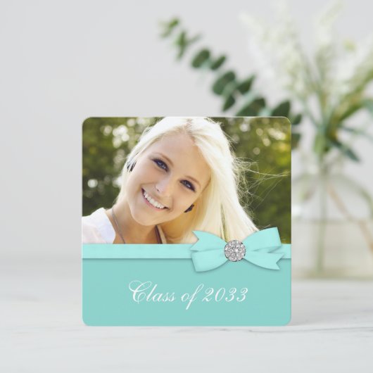 ティール（緑がかった色）ブルーフォト卒業発表 招待状 (スタンド正面)