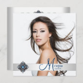 ティール（緑がかった色）ブルーフォト卒業発表 招待状 (正面/裏面)