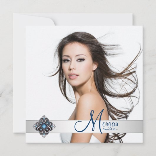 ティール（緑がかった色）ブルーフォト卒業発表 招待状 (正面)