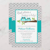 ティール(緑がかった色)ブルーフクロウグレーシェブロンボーイベビーシャワー 招待状 (正面/裏面)