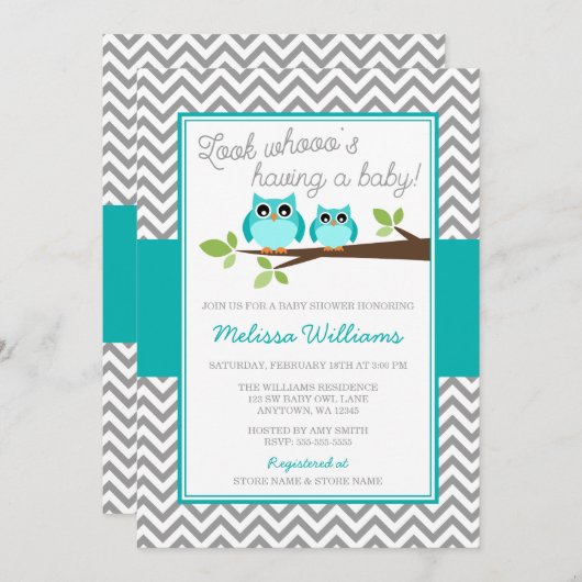 ティール（緑がかった色）ブルーフクロウグレーシェブロンボーイベビーシャワー 招待状 (正面/裏面)