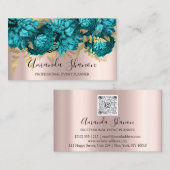 ティール(緑がかった色)ブルーフラワーズバラ金ゴールドロゴイベントプランナー 名刺 (正面/裏面)