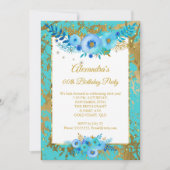 ティール(緑がかった色)ブルーフラワーズ金ゴールド誕生日パーティー 招待状 (正面)