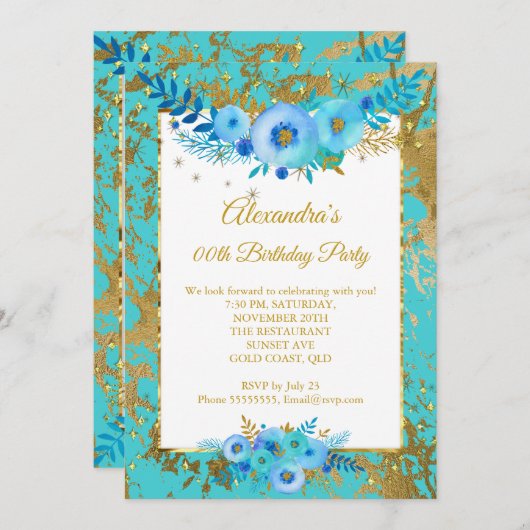 ティール(緑がかった色)ブルーフラワーズ金ゴールド誕生日パーティー 招待状 (正面/裏面)