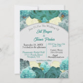 ティール（緑がかった色）ブルーフローラとバラエレガントな結婚式 招待状 (正面)