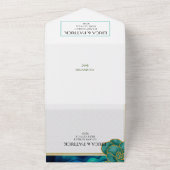 ティール（緑がかった色）&ブルーフローラアゲート結婚ト オールインワン招待状 (外側)