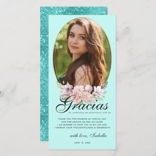 ティール（緑がかった色）ブルーフローラキンセアニラ写真サンキューカード サンキューカード (正面/裏面)