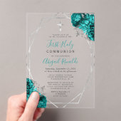 ティール（緑がかった色）ブルーフローラシルバーフレームファースト聖餐式 アクリル招待状 (インサイチュ (ポータブル))