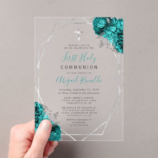 ティール（緑がかった色）ブルーフローラシルバーフレームファースト聖餐式 アクリル招待状 (インサイチュ (ポータブル))