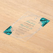 ティール（緑がかった色）ブルーフローラシルバーフレームファースト聖餐式 アクリル招待状 (レイダウン)