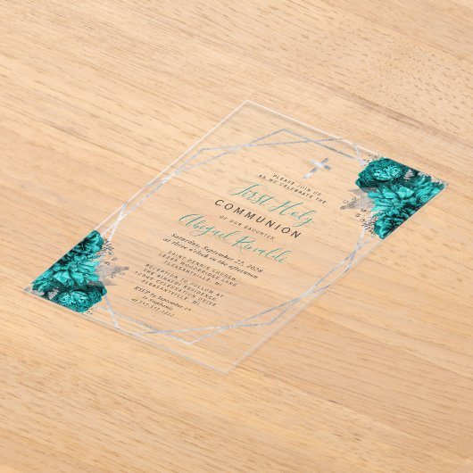 ティール（緑がかった色）ブルーフローラシルバーフレームファースト聖餐式 アクリル招待状 (レイダウン)