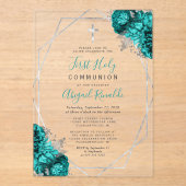 ティール（緑がかった色）ブルーフローラシルバーフレームファースト聖餐式 アクリル招待状 (正面)