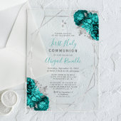 ティール（緑がかった色）ブルーフローラシルバーフレームファースト聖餐式 アクリル招待状