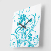 ティール(緑がかった色)ブルーフローラスワールレトロ スクエア壁時計 (傾斜)