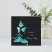 ティール(緑がかった色)ブルーフローラバタフライブラックバースデーパーティー 招待状 (スタンド正面)
