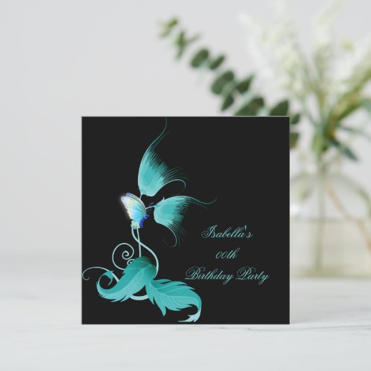 ティール(緑がかった色)ブルーフローラバタフライブラックバースデーパーティー 招待状 (スタンド正面)