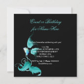 ティール(緑がかった色)ブルーフローラバタフライブラックバースデーパーティー 招待状 (裏面)