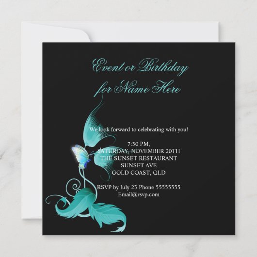 ティール（緑がかった色）ブルーフローラバタフライブラックバースデーパーティー 招待状 (裏面)