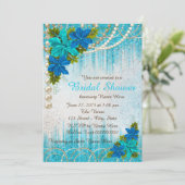 ティール（緑がかった色）ブルーフローラパールブライダルシャワー 招待状 (スタンド正面)