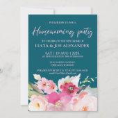 ティール（緑がかった色）ブルーフローラ引っ越し祝いパーティーパーティー 招待状 (正面)