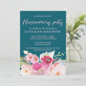 ティール(緑がかった色)ブルーフローラ引っ越し祝いパーティーパーティー 招待状 (スタンド正面)