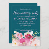 ティール(緑がかった色)ブルーフローラ引っ越し祝いパーティーパーティー 招待状 (正面/裏面)
