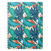 ティール（緑がかった色）&ブルーフローラ葉パターンデザイン ノートブック (正面)