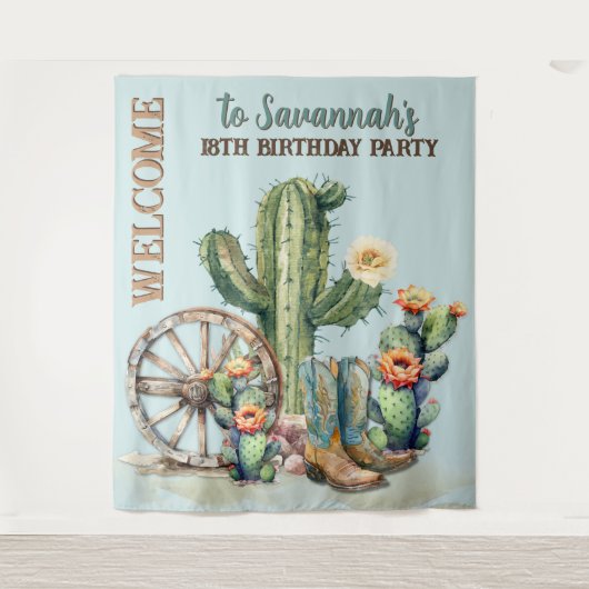 ティール(緑がかった色)ブルーフローリングサボツブートウェルカムバックドロップ タペストリー (正面)